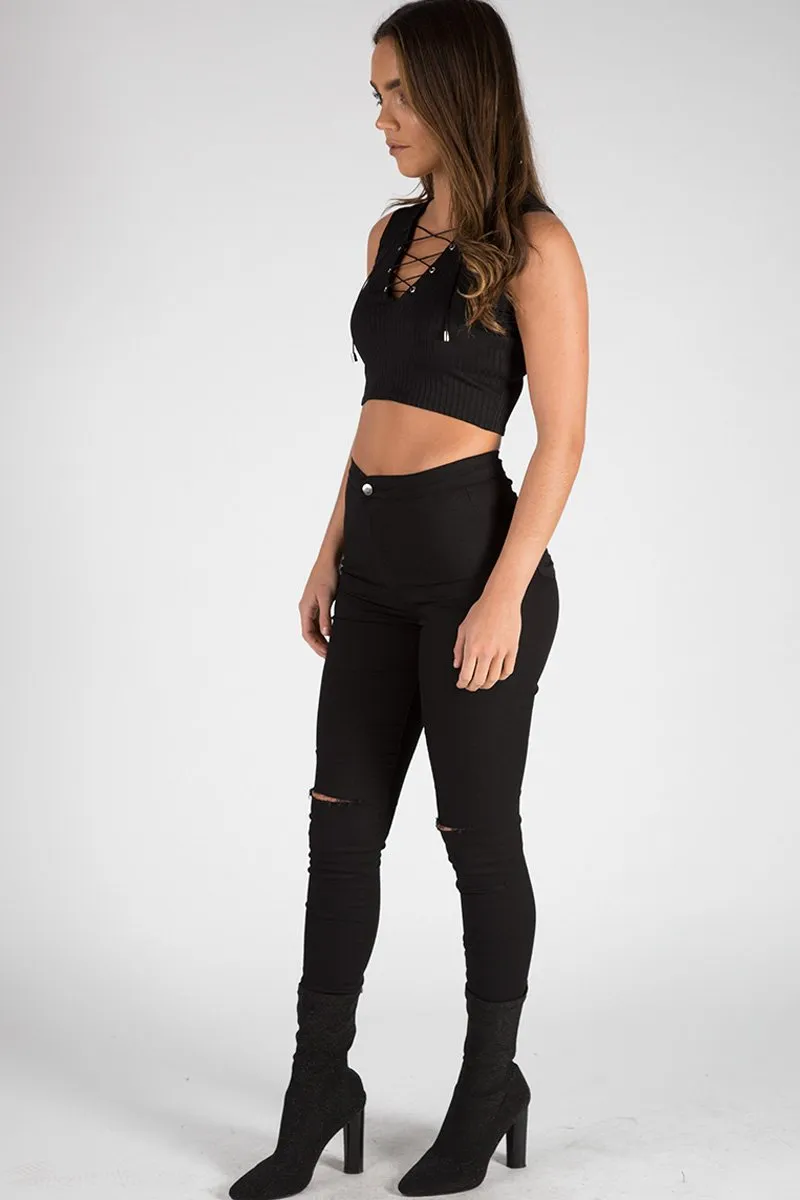 Black Cropped Ribbed Lace Up Top - Amelia