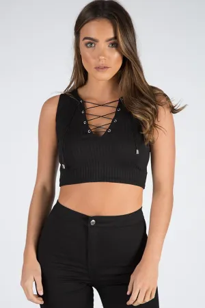 Black Cropped Ribbed Lace Up Top - Amelia