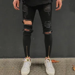 Black Skinny Ripped Ankle Zipper Jeans