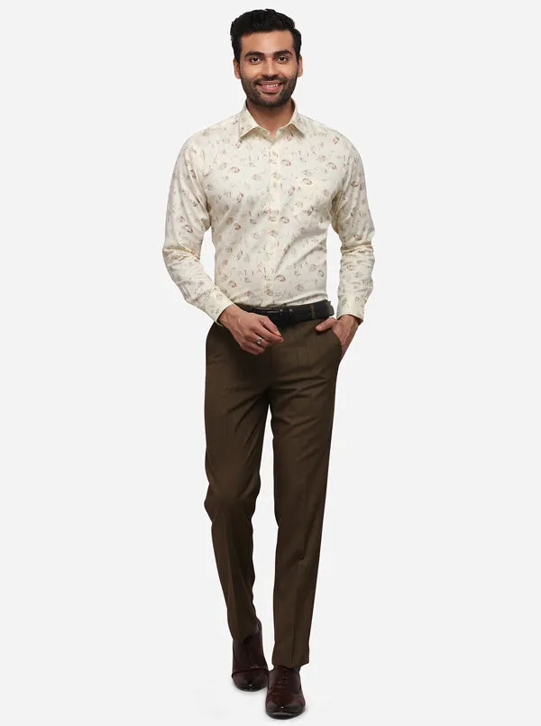 Cream Printed Slim Fit Formal Shirt | Greenfibre