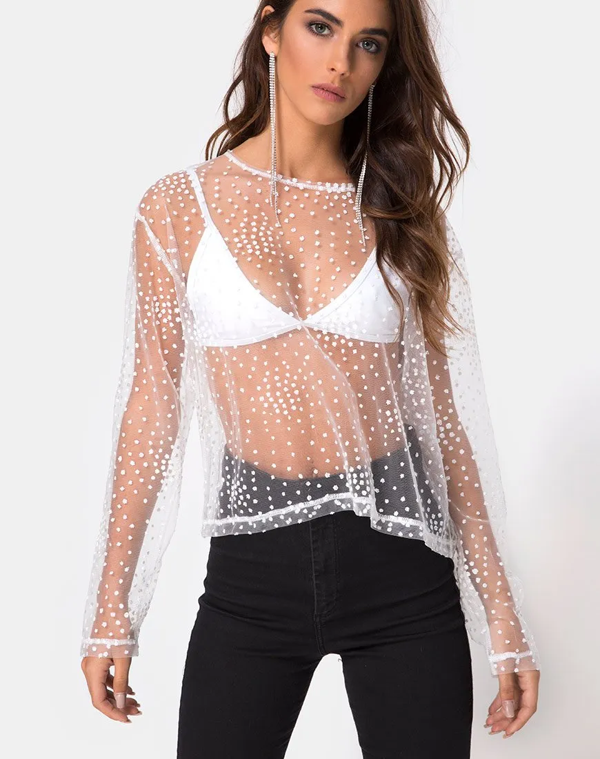 Ether Longsleeve Top in White Glitter on Net White