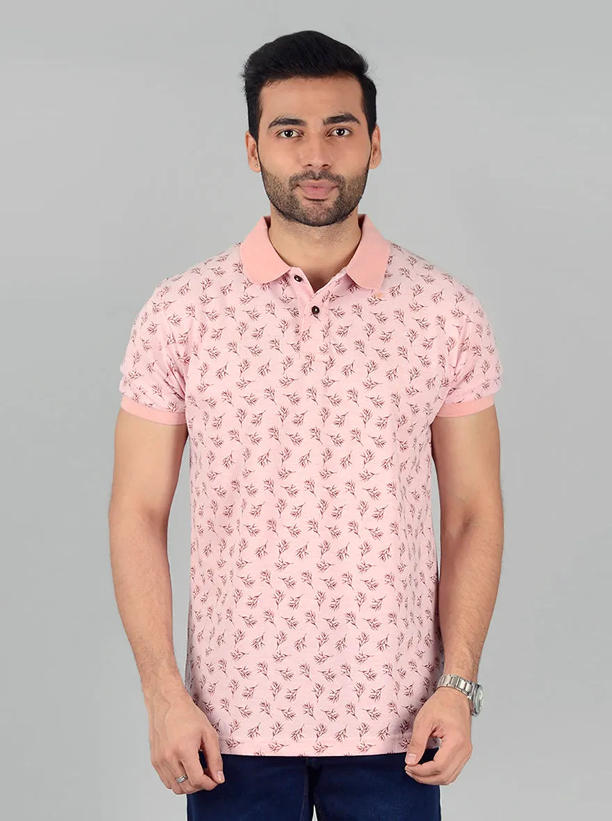 Light Pink Printed Slim Fit Polo T-Shirt | Greenfibre