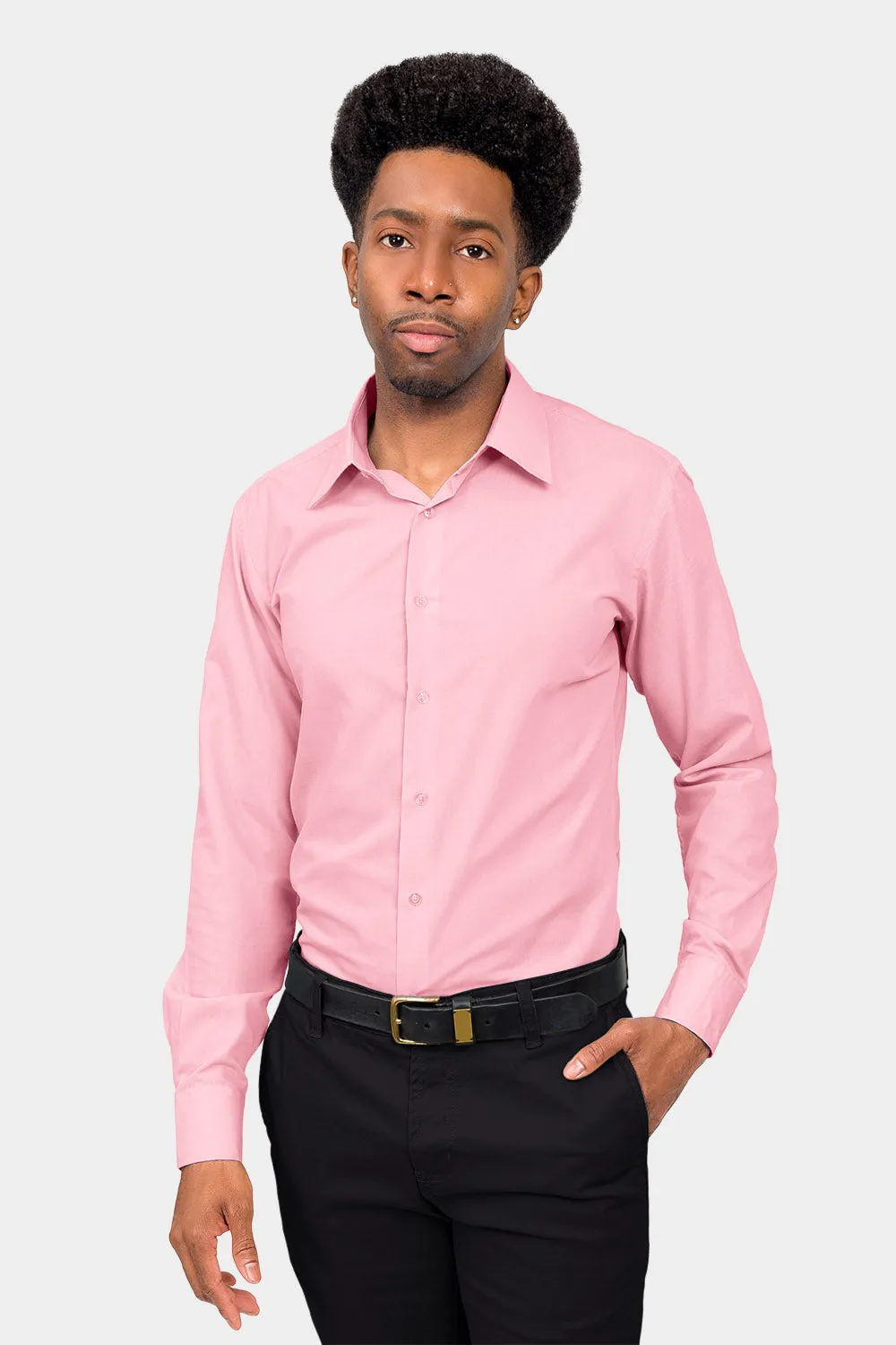 Men's Slim Fit Solid Color Dress Shirt (Pink)