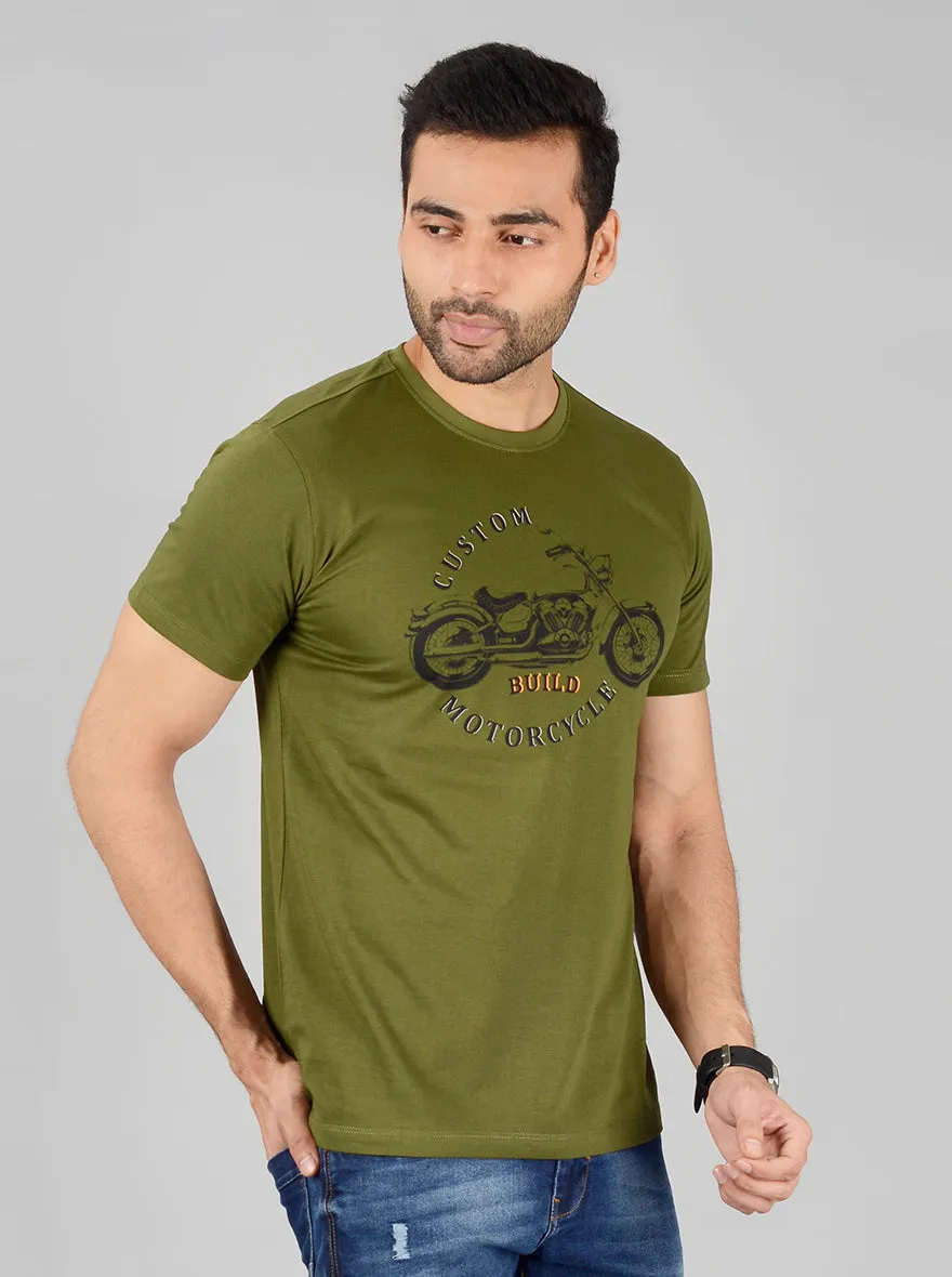 Olive Printed Slim Fit T-Shirt | Greenfibre