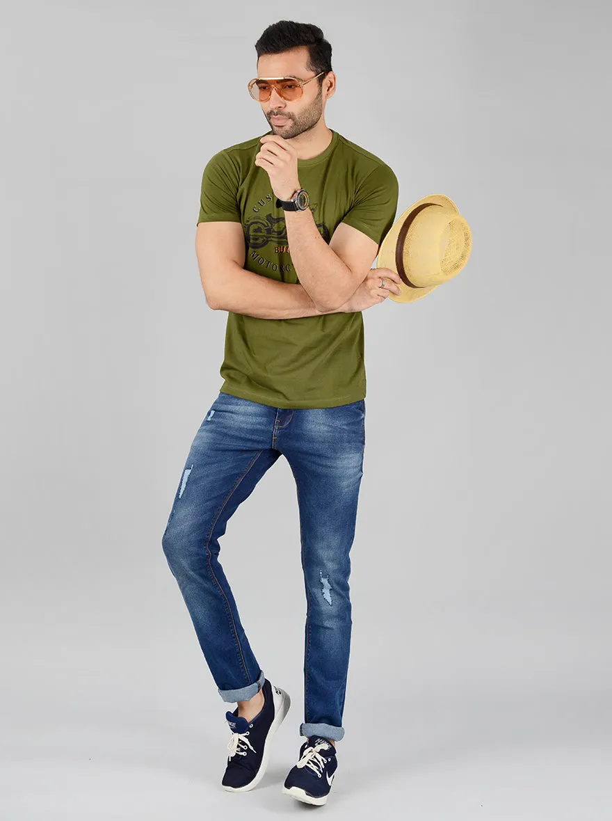 Olive Printed Slim Fit T-Shirt | Greenfibre