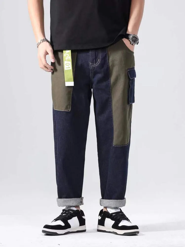 Patchwork Loose Straight Trendy Cropped Casual Wide Leg Pants For Men