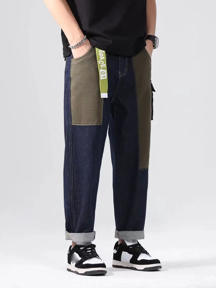 Patchwork Loose Straight Trendy Cropped Casual Wide Leg Pants For Men