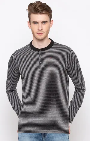 Spykar Men Grey Cotton Slim Fit Full Sleeve Striped T-Shirt