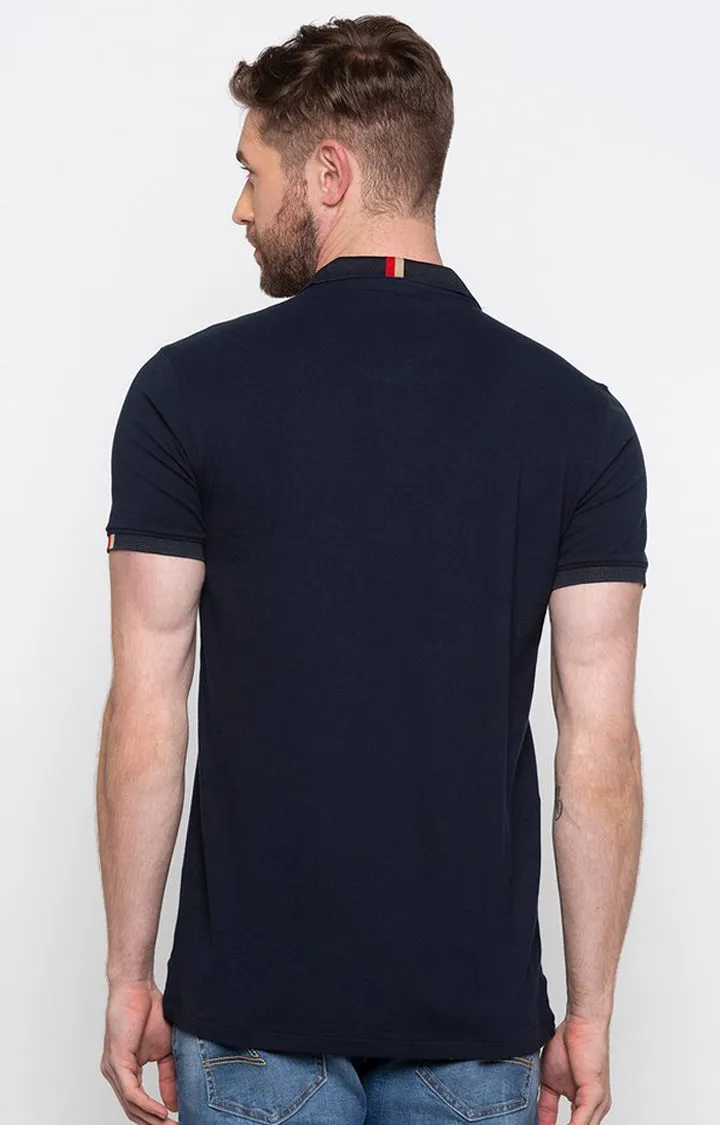 Spykar Men Navy Blue Cotton Slim Fit Half Sleeve Polo T-Shirt