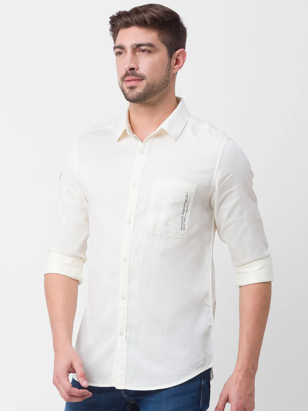 Spykar Off White Cotton Full Sleeve Plain Shirt For Men