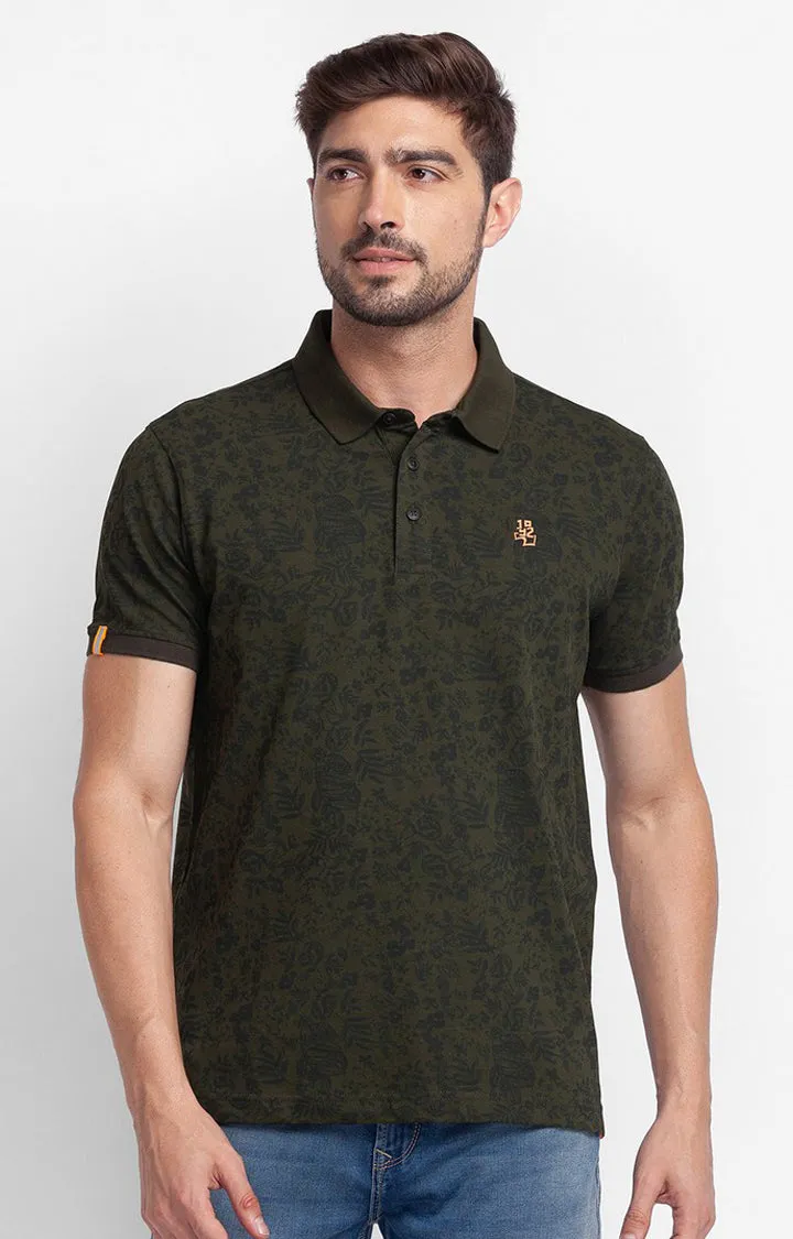 Spykar Rifle Green Cotton Half Sleeve Printed Casual Polo T-Shirt For Men