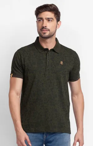 Spykar Rifle Green Cotton Half Sleeve Printed Casual Polo T-Shirt For Men