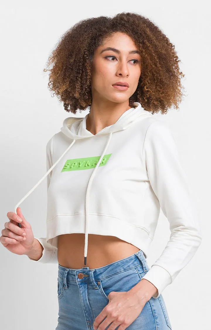 Spykar White Cotton Blend Full Sleeve Hooded Sweatshirts For Women