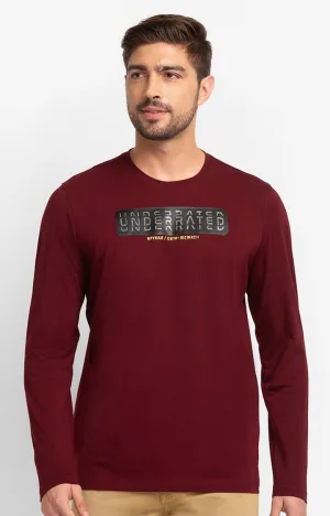 Spykar Wine Cotton Full Sleeve Printed Casual T-Shirt For Men