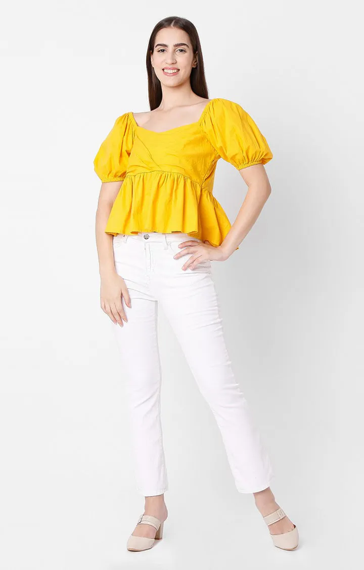 Spykar Yellow Cotton Women Top
