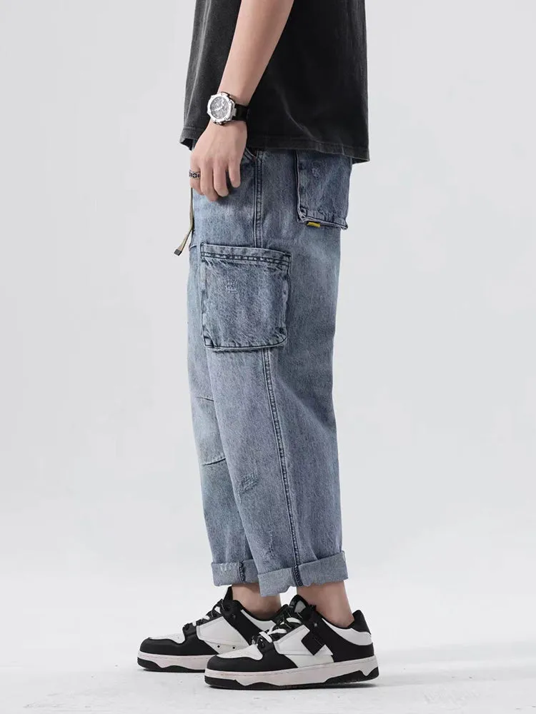 Street Fashion Vintage Ripped Patchwork Straight Leg Men'S Cropped Jeans