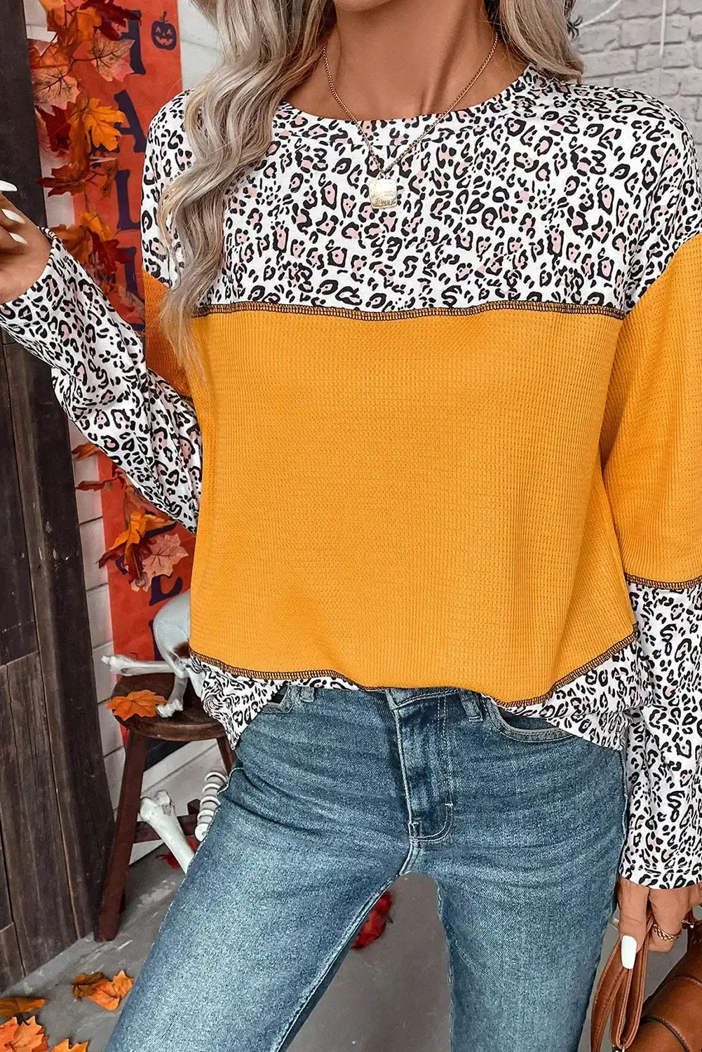 Vibrant Orange Leopard Print Waffle Knit Top