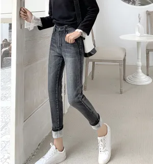 Women Casual Stretchy Warm High Waist Fleece Lined Skinny Slim Fit Denim Jeans