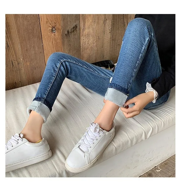 Women Casual Stretchy Warm High Waist Fleece Lined Skinny Slim Fit Denim Jeans