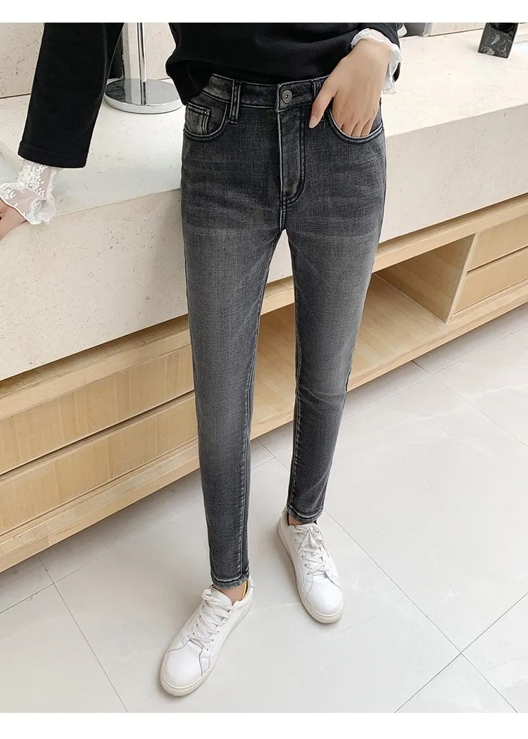 Women Casual Stretchy Warm High Waist Fleece Lined Skinny Slim Fit Denim Jeans