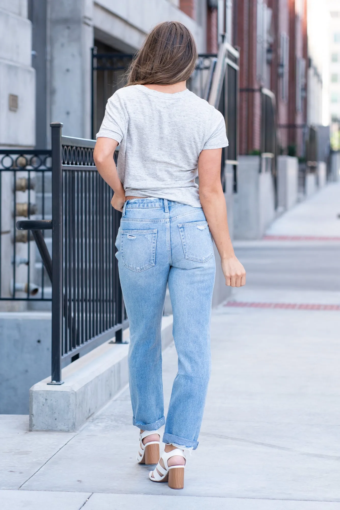 Worn Blue Rolled Up Boyfriend Jeans