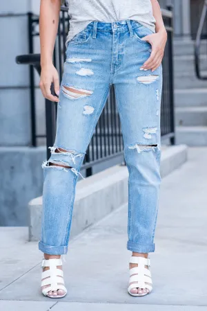 Worn Blue Rolled Up Boyfriend Jeans